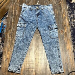 Women's Blue Acid Wash Cargo Jeans